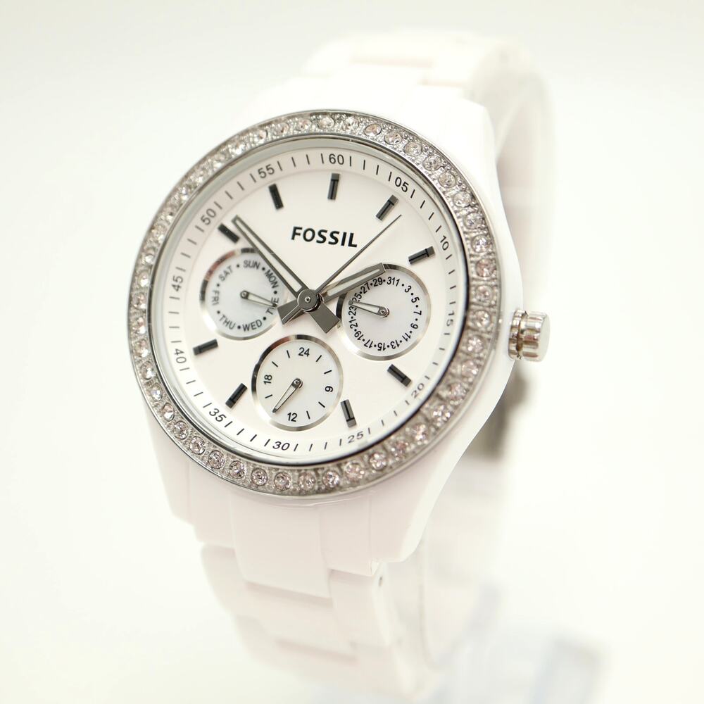 Fossil Stella Watch Women 38mm MOP White Acrylic Day Date Jewel Bezel ES1967
